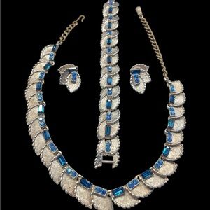 Rare 1950 Signed BSK German Silver and Blue/AB Rhinestone Jewelry Set